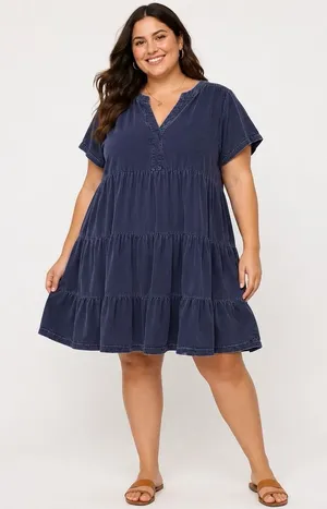 Anthropologie Maeve Harper Crushed‎ Velvet Dress Women's 1X Blue Teired Babydoll thumbnail 1