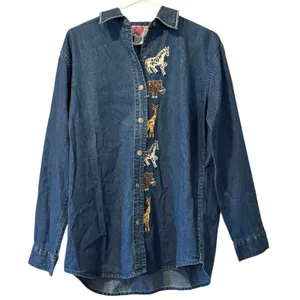 Keren Hart Denim Shirt Women‎ Size Small Embroidered Long Sleeve Safari Read thumbnail 1