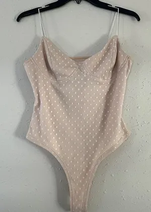 Cream White Polka Dot Spaghetti Strap Bodysuit Bridal Neutral Party Large thumbnail 1