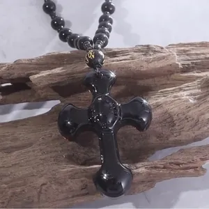 1pc Classic‎ Religious Style Christian Cross Fashion Obsidian Pendant Necklace thumbnail 3