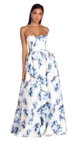 Windsor White and Blue Floral Strapless Ballgown/Prom Dress thumbnail 1