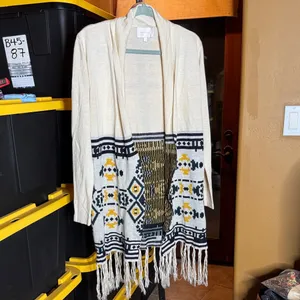 Skies Are Blue Cream Aztec Tribal Fringe Long Cardigan Sweater Size Medium thumbnail 3