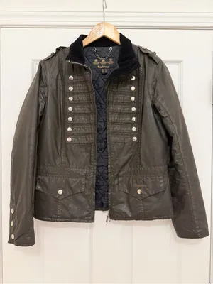 Barbour Brigade Military Wax Coated Jacket Dark Green Corduroy Collar sz 8 thumbnail 2
