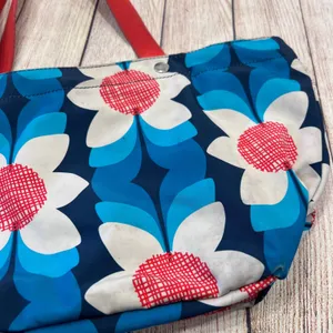 Fossil Floral Nylon Tote Bag Blue White Red‎ Retro Mod Zippered Shopper thumbnail 2