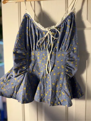 Free People Sammi Tank M NWT Allure Blue Floral Ruched Lace Peplum Cami thumbnail 4