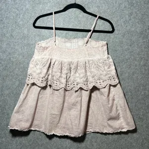 POL Boho Eyelet Embroidered Babydoll Cami Top Pink Ruffle Cotton Lace S thumbnail 4