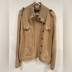 Lauren Ralph Lauren Tan Button-Up Leather Trim Military Cardigan Sweater XL EUC thumbnail 3