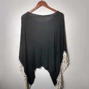 Entro M Black Stretch Poncho Creme Fringe Top thumbnail 2