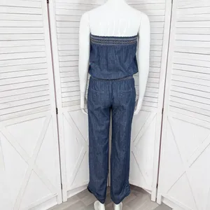 Poetry‎ Boho Smocked Strapless Wide Leg Chambray Jumpsuit Denim Blue Small thumbnail 4