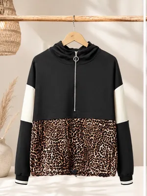 Zara Basic Leopard Print Half-Zip Colorblock Hoodie Pullover - Size XS 🐆✨ thumbnail 5