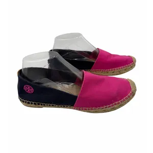 Tory Burch Colorblock Pink Navy Canvas Espadrille Flats Jute Double T Logo Sz 9 thumbnail 3