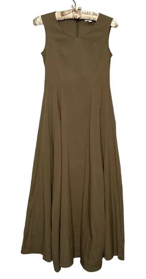 COS Midi Dress Olive Green Size 4 Pockets Cotton Poplin A Line Swing Minimalist thumbnail 1