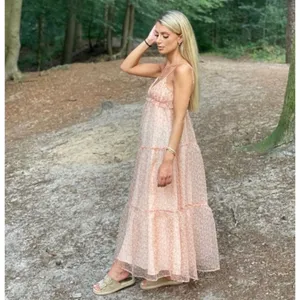 ZARA Organza Pink Peach Floral Maxi Dress Tiered Sundress Summer Vacation Medium thumbnail 5