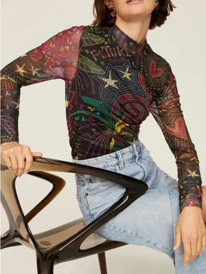 Farm Rio Amazonia Tulle Blouse Multicolor Sheer Mock Neck Size S thumbnail 1