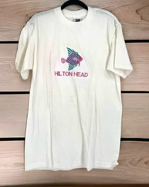 Vintage‎ 80s Hilton Head Single stitch Tropical Fish T-Shirt White Medium thumbnail 1