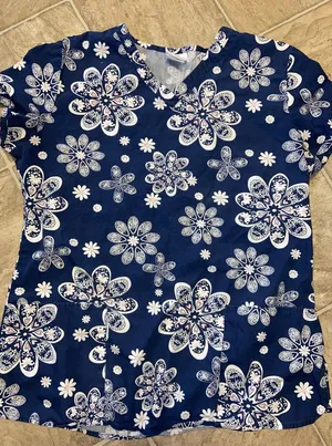 Willow Brook Navy Blue and Light Pink Floral Scrub Top thumbnail 1