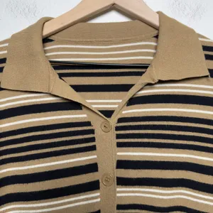 Selfie Couture Women Cotton Ramie Striped Cardigan Sweater XL Brown Preppy Polo thumbnail 2