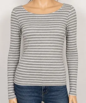 Gap Womens Top Gray White Striped Ribbed Scoop Neck Long Sleeve XS thumbnail 1