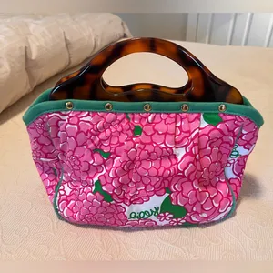 Lilly Pulitzer Pink and Green Floral Tote with Tortoiseshell Handle thumbnail 2