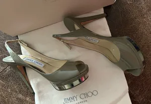 Jimmy Choo Vertigo Patent Leather Slingback Peep-Toe Pumps Pebble Palladium thumbnail 1