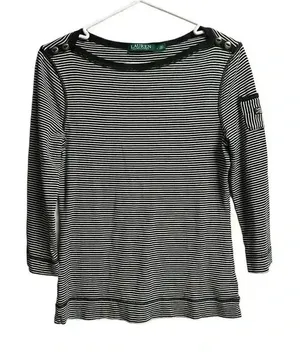 Lauren Ralph Lauren Women's Top Black Cream Stripes 3/4 Sleeves Large thumbnail 1