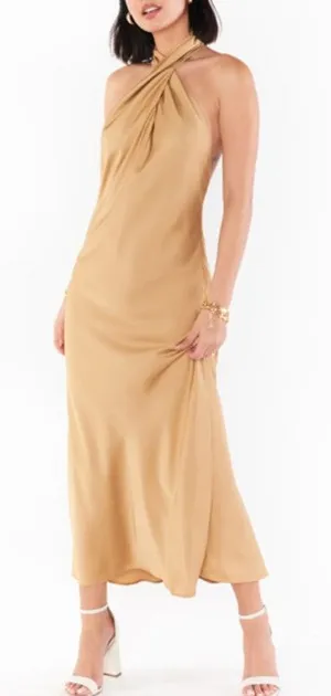 NWT Show‎ Me Your Mumu Jasmine Halter Midi Dress in True Gold Luxe Satin thumbnail 1