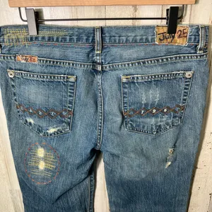 Vintage Y2k July 25 Patchwork Boho Embroidered Distressed Flare‎ Jeans Womens 31 thumbnail 4