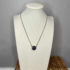 Rare circle charcoal jewel necklace with antique gold chain NWOT 3” extender thumbnail 4