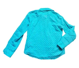 Ralph Lauren Blouse Women Medium Blue Polka Dot Top Button Up Pockets Roll Tab thumbnail 4