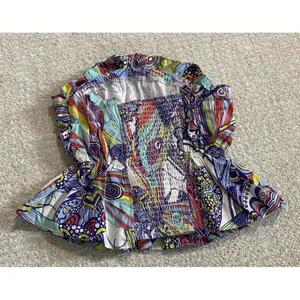 Anthropologie Strapless Smocked Ruffle Blouse Multicolor Cotton Abstract XS thumbnail 9