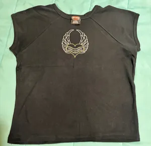 Harley-Davidson Black Tee with Gold & Silver Rhinestone Heart Wings medium thumbnail 1