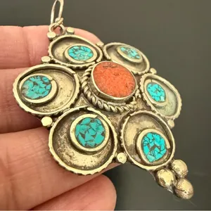 Vintage Silver-tone Turquoise & Coral Tibetan Style Flower Dangle Earrings 22g. thumbnail 9