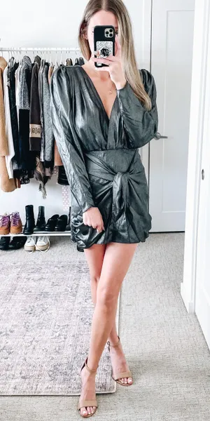 L'Academie The Dore Silver Front Tie Long Sleeve Mini Dress thumbnail 5