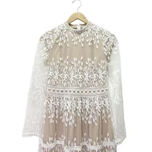Bohme Lola Lace Midi Dress Small Beige Ivory Embroidered Sheer Long Sleeve Boho thumbnail 5