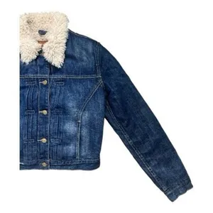 Levi’s Blue Denim Short Jacket Sherpa Lining Women Size M Cotton Button Front thumbnail 4