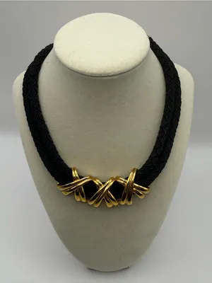 Black Braided Statement Necklace with Gold Accent thumbnail 3