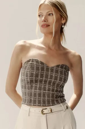 Anthropologie Maeve Strapless Corset Top Olive‎ Green Metallic Sweetheart Medium thumbnail 1