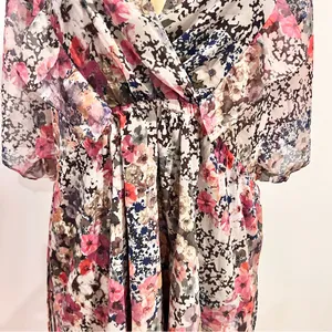 New Zara Floral Chiffon Dress Sz L Fit Flare Short Sleeves Mini Ruffle Wrap thumbnail 3