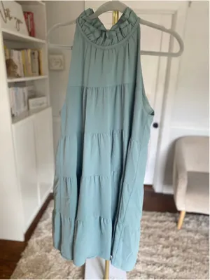 Entro Sage Green Tiered Midi Dress Ruffle Neck Feminine Romantic‎ Quiet Luxury S thumbnail 2