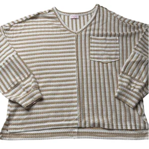 Pink Lily Tan White Striped Oversized Sweater Medium Boxy Coastal Grandmother thumbnail 4