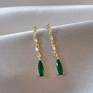 Elegant Teardrop Emerald Dangle Drop Earrings for Women thumbnail 1