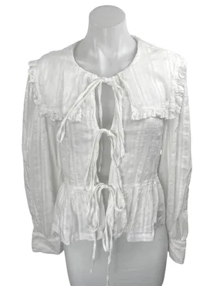 Peppermayo White Long Sleeve Tie Knot Collared Ruffle Peplum Blouse Top Size 8 thumbnail 1