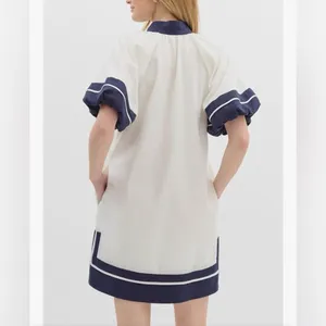 NEW Cotton Color Block Pullover V-Neck Puff Sleeve Mini Dress with Pockets S thumbnail 2