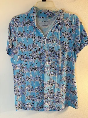 IBKUL Womens Zebra Print Quarter Zip Sun Shirt Blue White Short Sleeve Large thumbnail 1