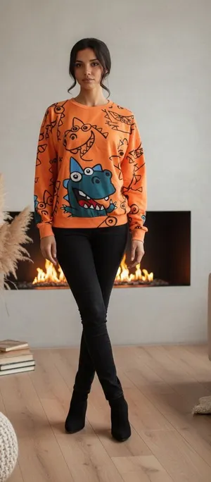 SheIn Neon orange sweatshirt with dinosaur designs size small thumbnail 1