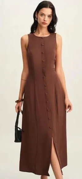 Rihoas Brown Round Neck Button Sleeveless Maxi Dress thumbnail 1