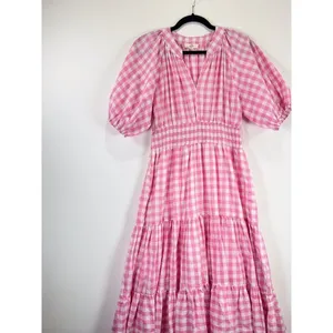 Entro Midi Dress Pink Tiered Gingham V Neck Puff Sleeve Smocked A Line Medium thumbnail 4