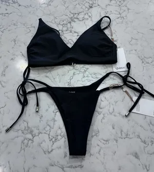 NWT Quince Black Italian V Neck Bikini Top & Adjustable Side-Tie Bikini Bottom S thumbnail 1