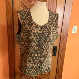 Vintage Tapestry Vest | Floral Geometric Button Front | Women’s Large thumbnail 10