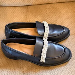 Gianni Bini Black Leather Loafers with Rhinestone Braid Trim thumbnail 4